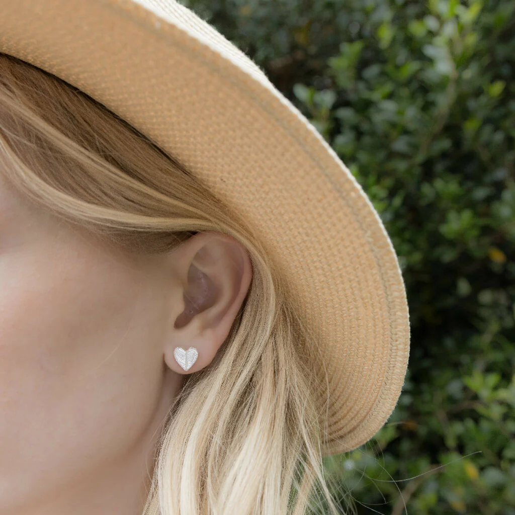 Silver Leaf Print Heart Earrings - Image 7