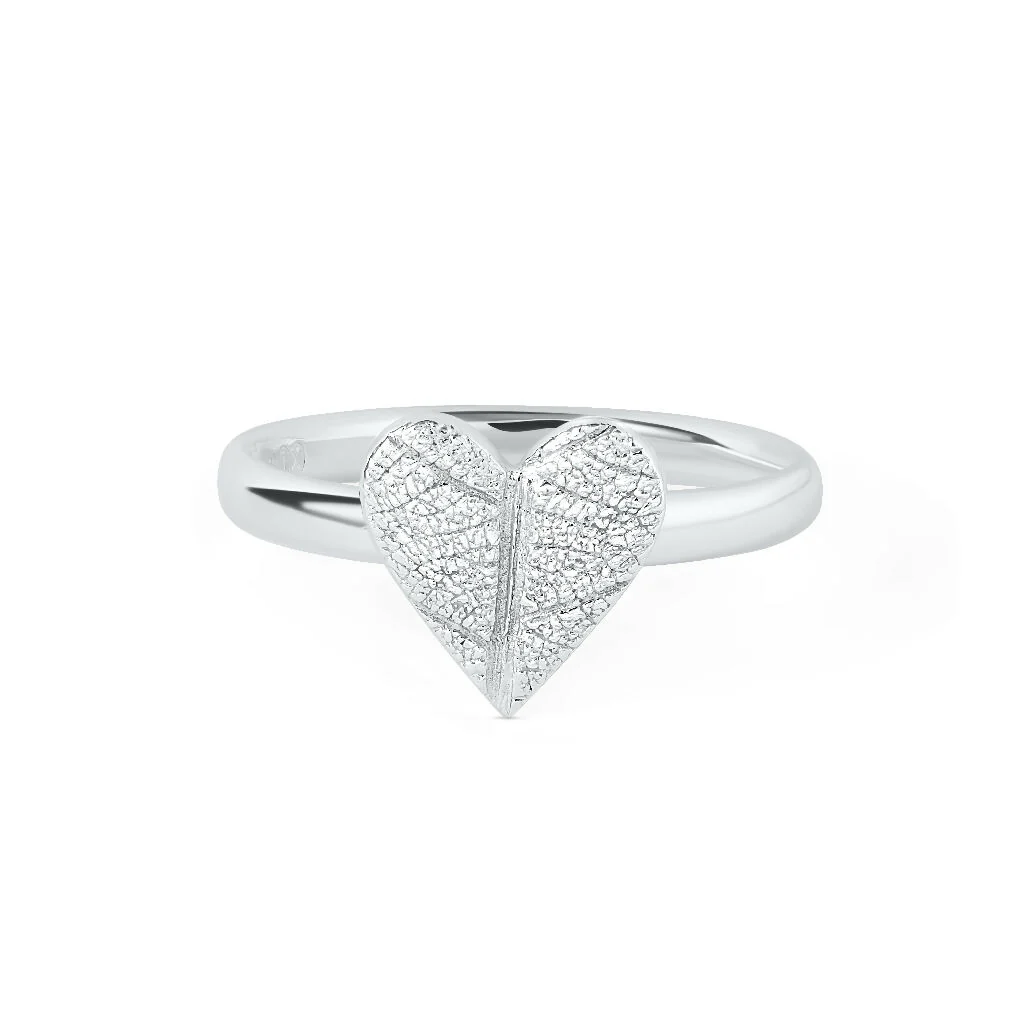 Silver Leaf Print Heart Ring - Image 3