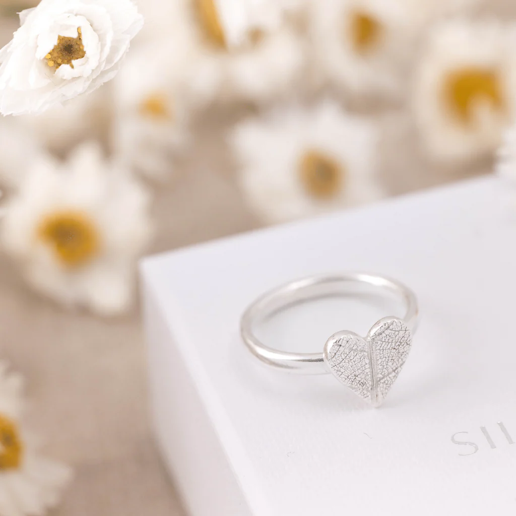 Silver Leaf Print Heart Ring - Image 5