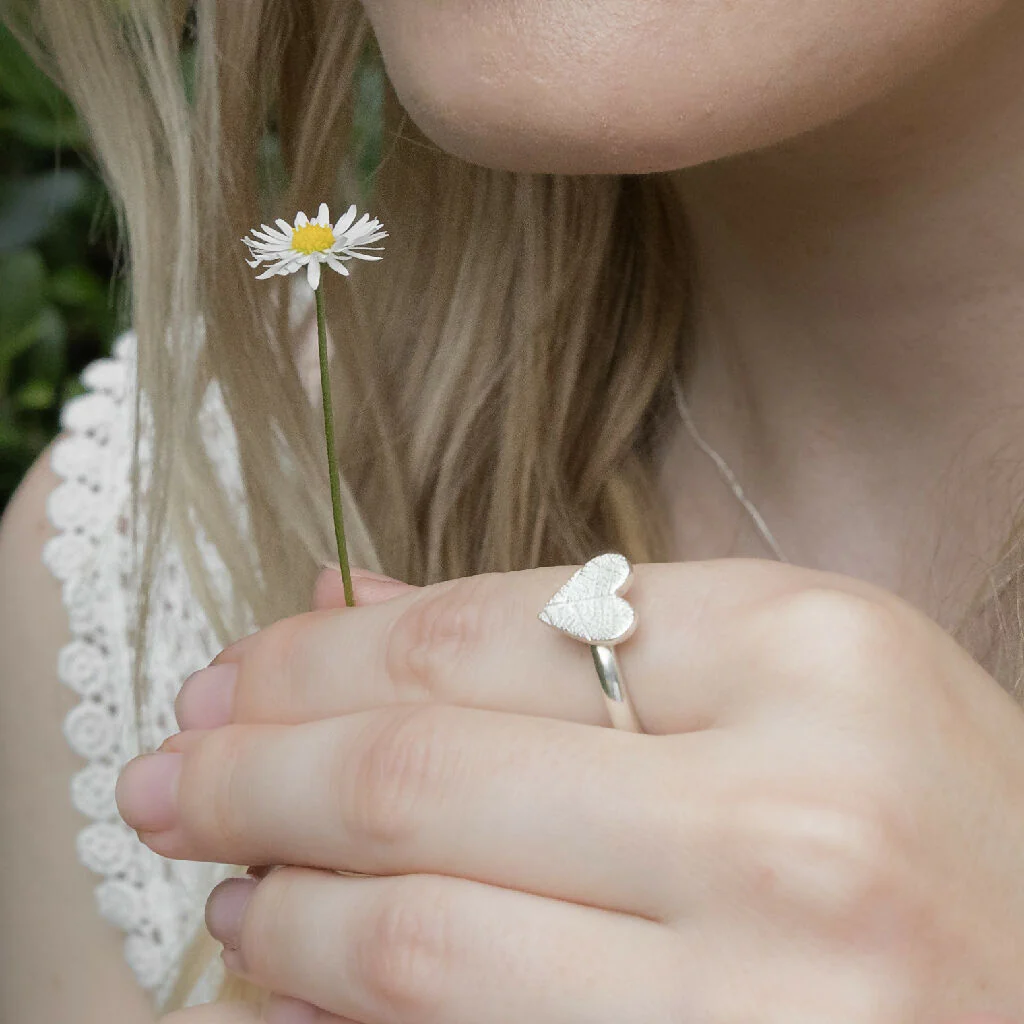 Silver Leaf Print Heart Ring - Image 6