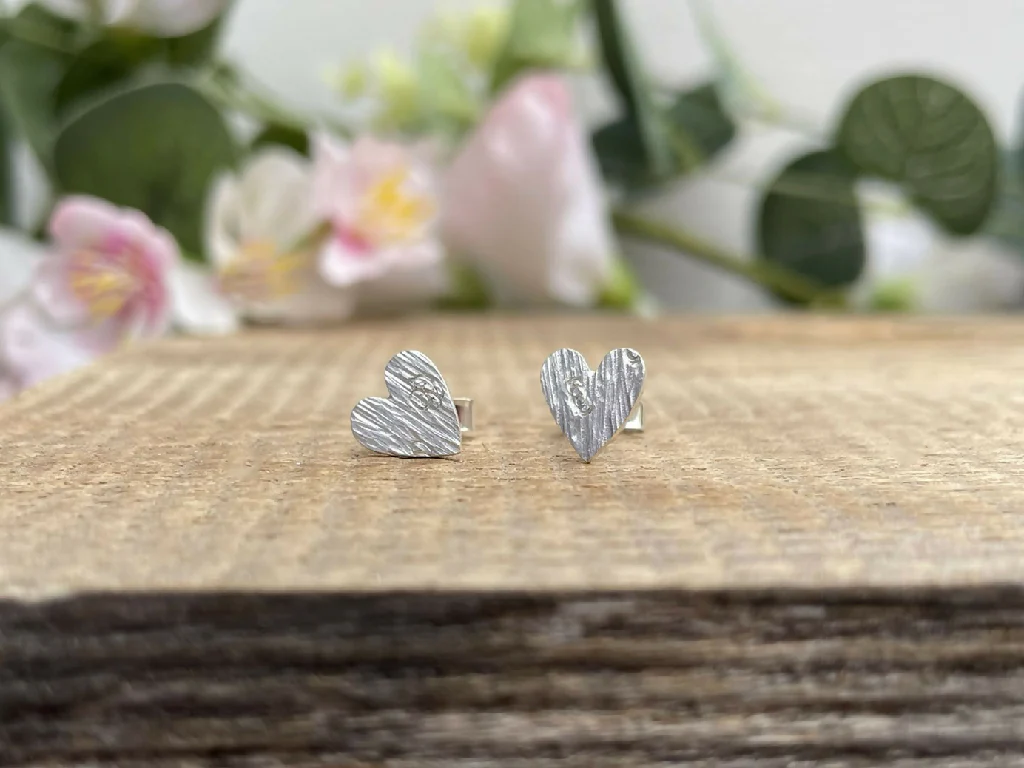 Silver Tree Bark Heart Stud Earrings - Image 5