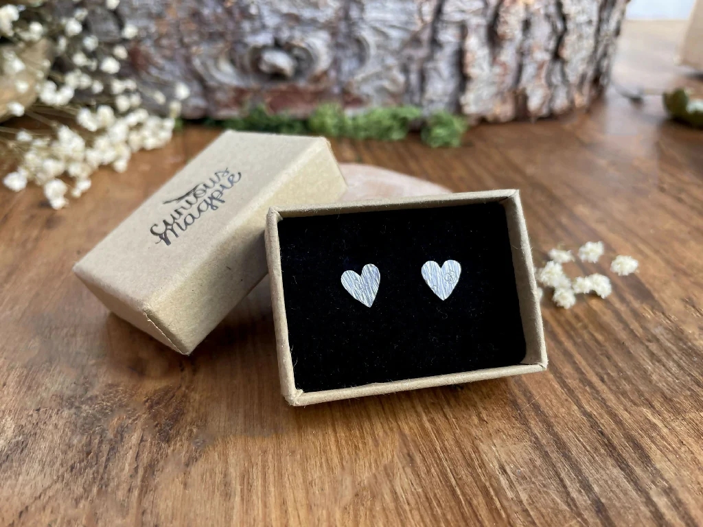 Silver Tree Bark Heart Stud Earrings - Image 6