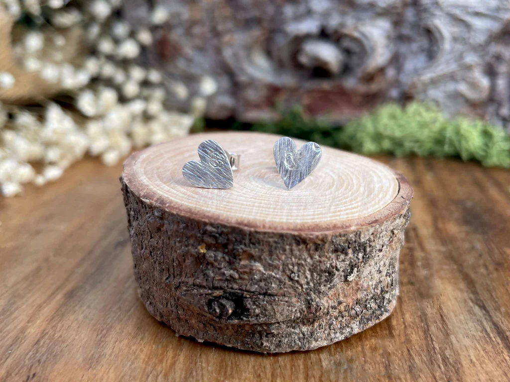 Silver Tree Bark Heart Stud Earrings - Image 7
