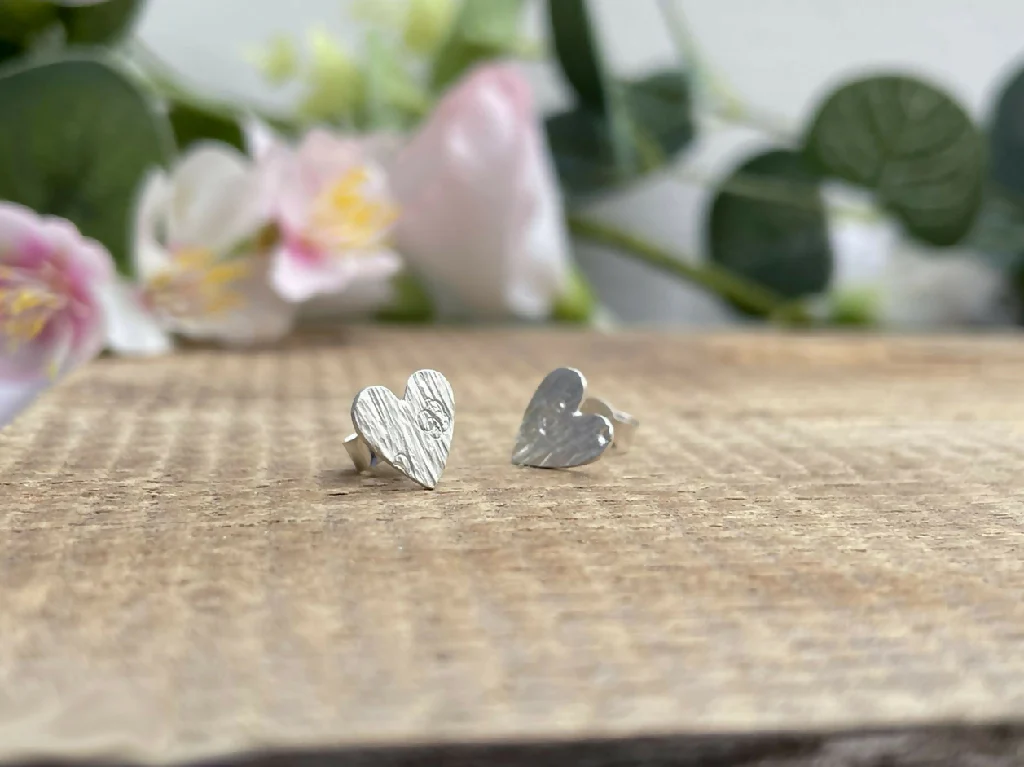 Silver Tree Bark Heart Stud Earrings - Image 8