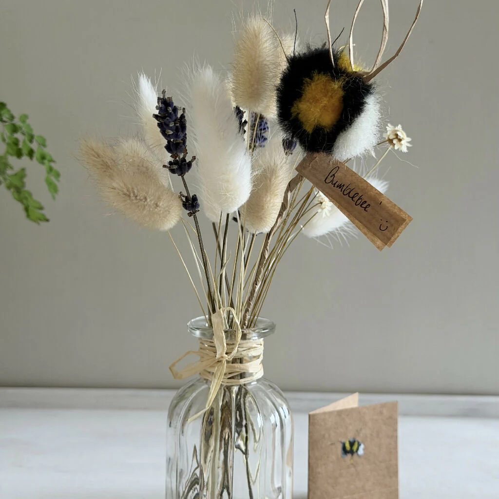 Small Gift Wrapped Bunch of a few Dried Flowers and a Rustic Fluffy Bumblebee in a Bud Vase. - Image 3