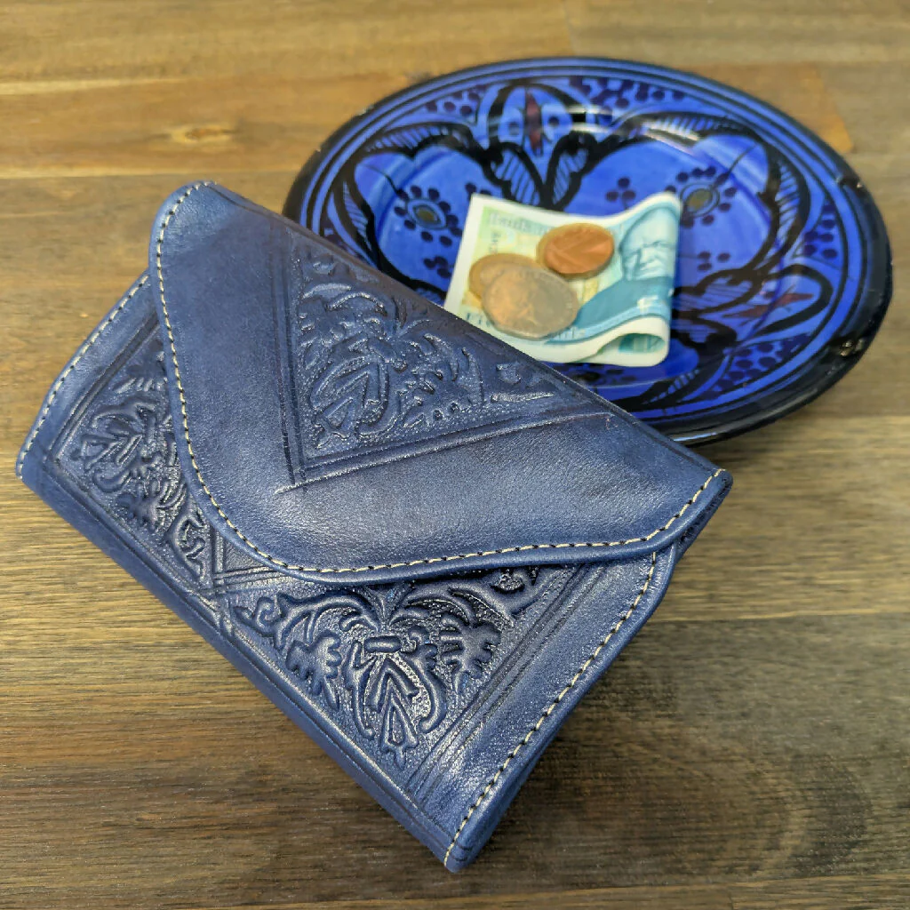 Small Leather Tri-Fold Purse Blue
