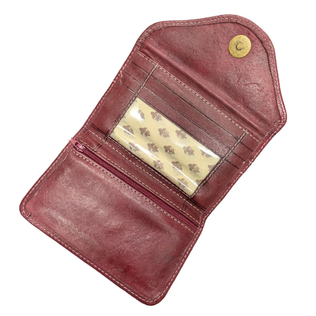 Small Leather Tri-Fold Purse Dark Red - Image 4