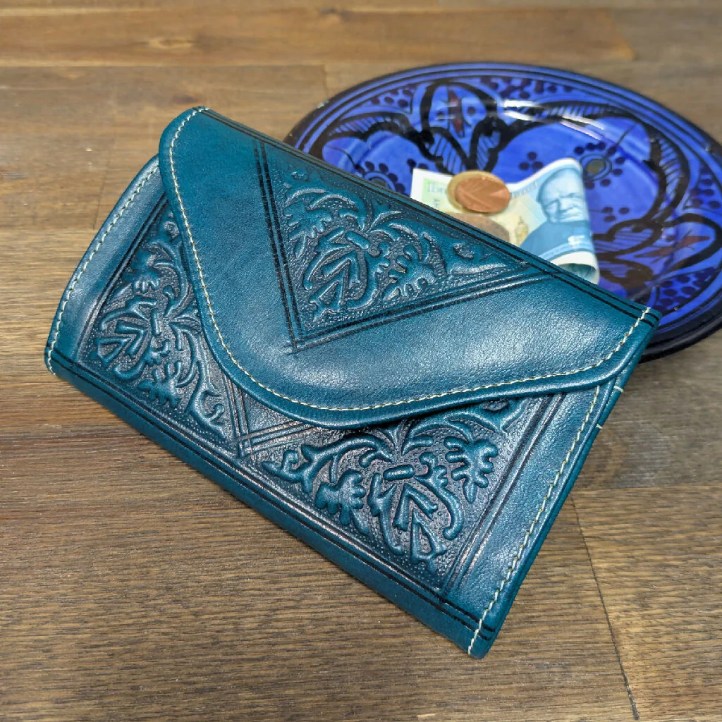Small Leather Tri-Fold Purse Teal
