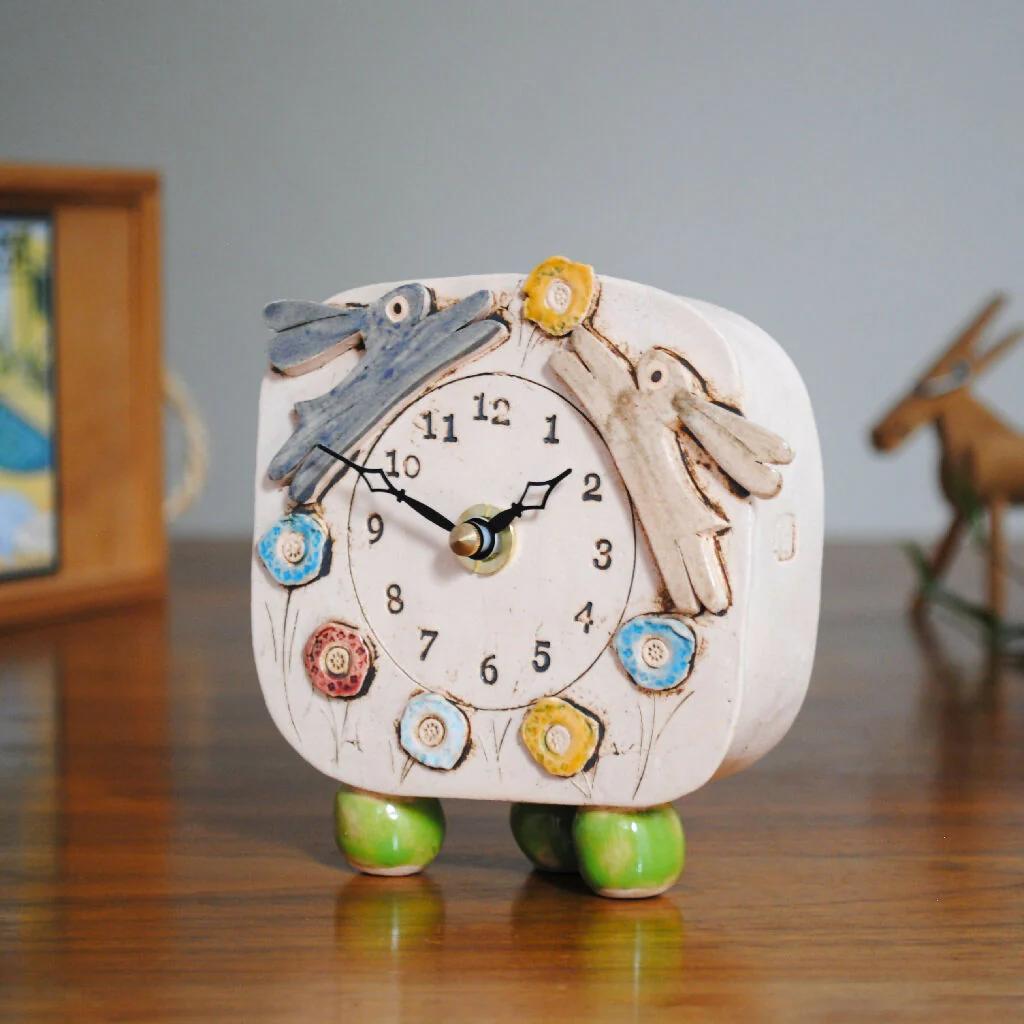 Small Mantel Clock With Brown Rabbit And Grey Hare - Image 2