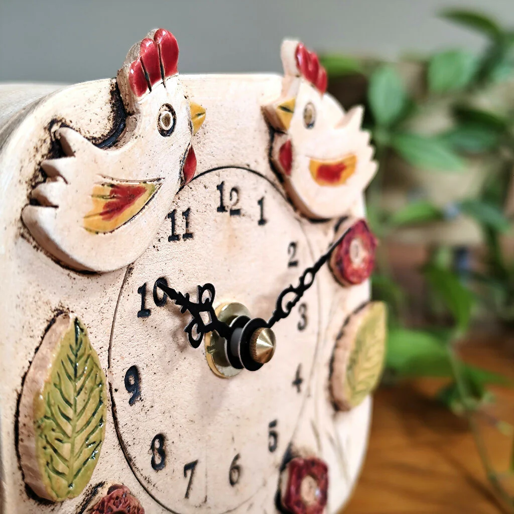 Small Mantel Clock With Chickens, Leaves, Flowers - Image 2