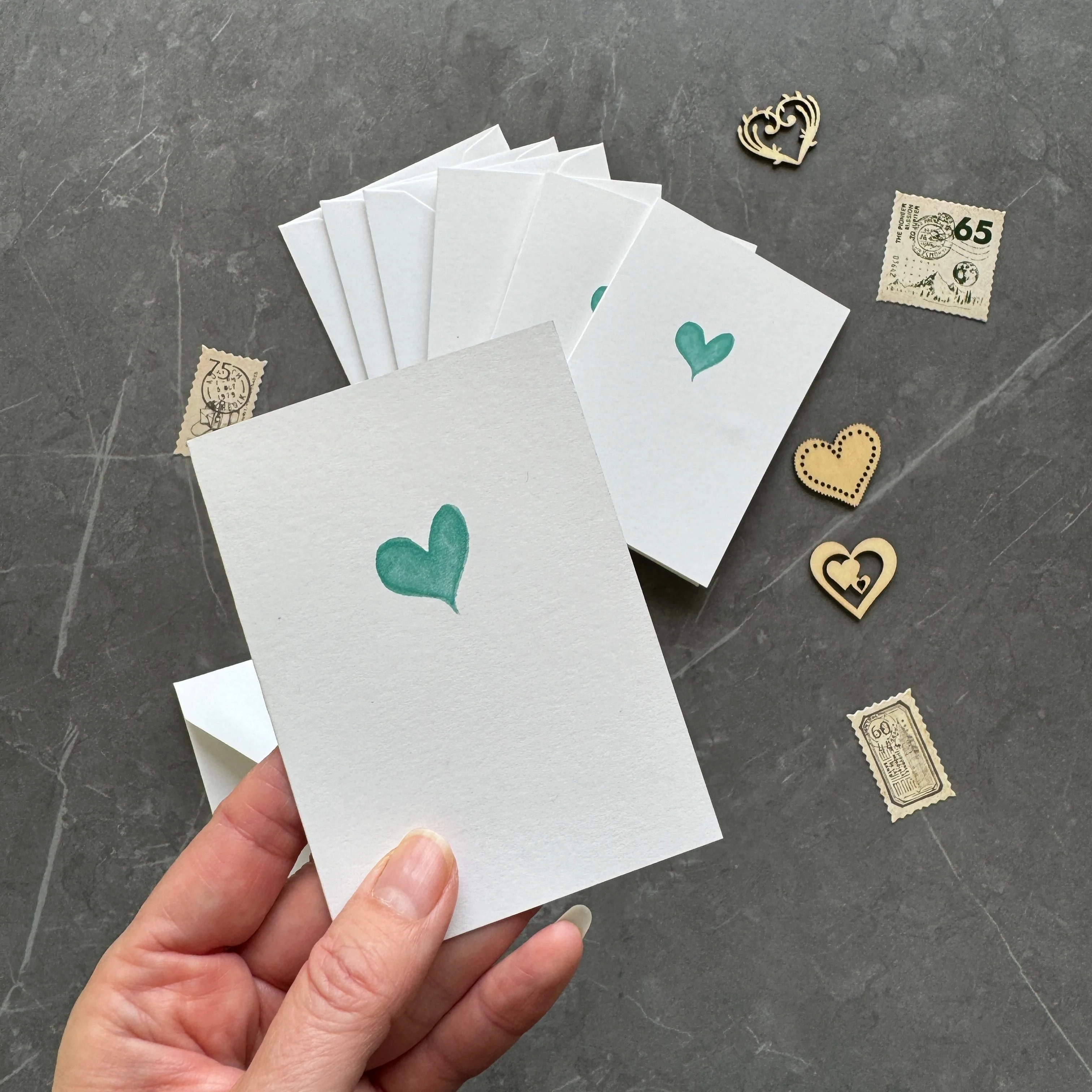 Small note cards with teal watercolour love heart - Image 2