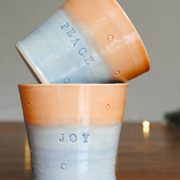 Small Stoneware Tumbler with 'Joy', 'Love' or 'Peace' Engraving in Purple and Orange - Image 2