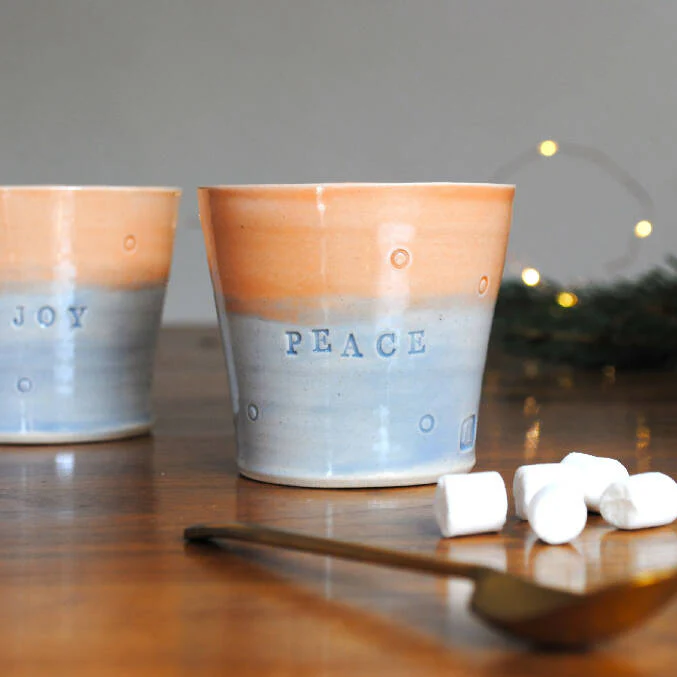 Small Stoneware Tumbler with 'Joy', 'Love' or 'Peace' Engraving in Purple and Orange - Image 3