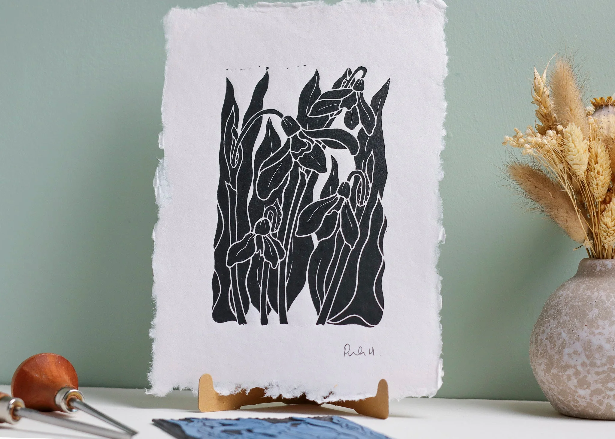 Snowdrops in the Garden Linocut | Handprinted A5 Art Print on Cotton Rag Paper - Image 2