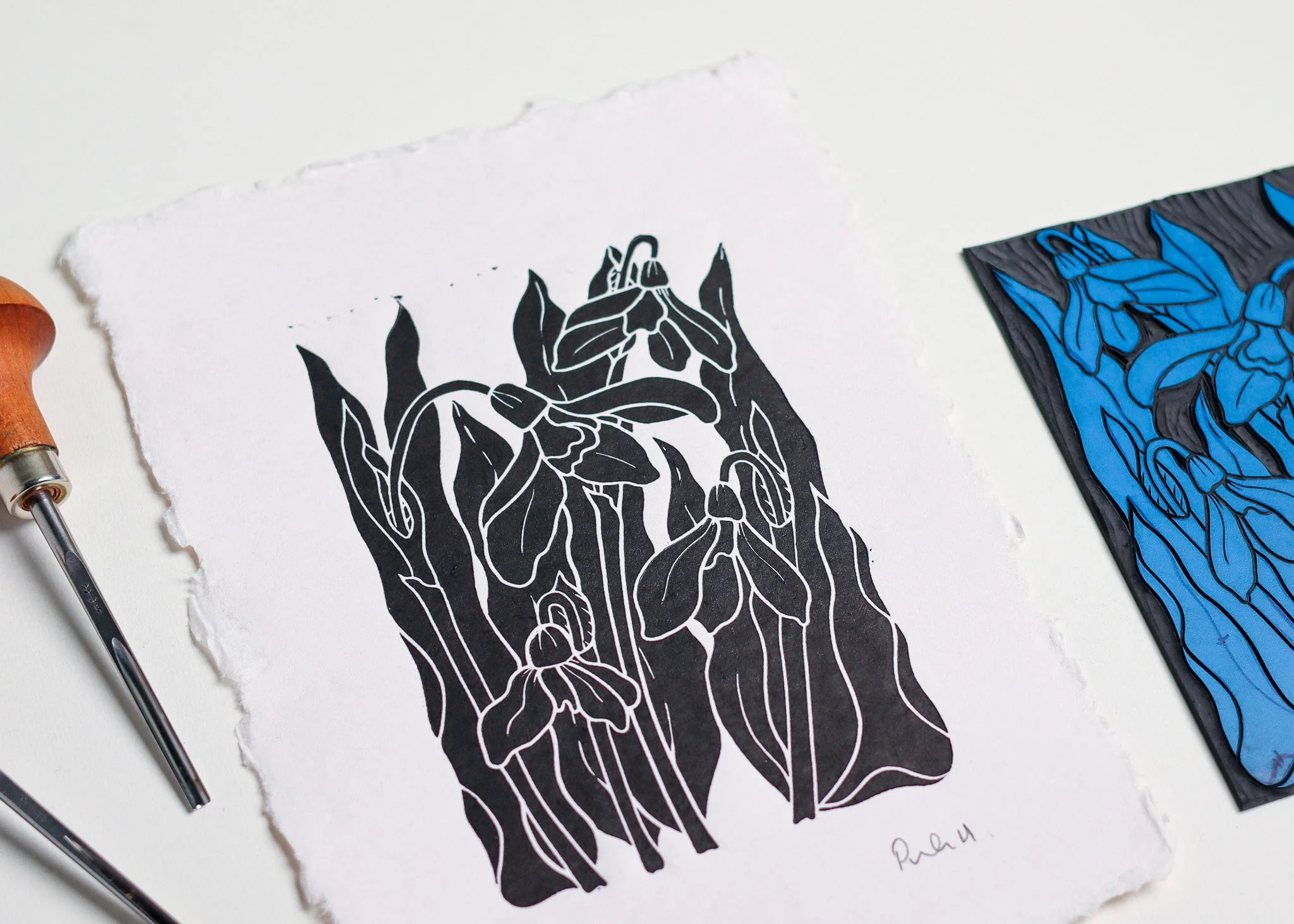 Snowdrops in the Garden Linocut | Handprinted A5 Art Print on Cotton Rag Paper - Image 8