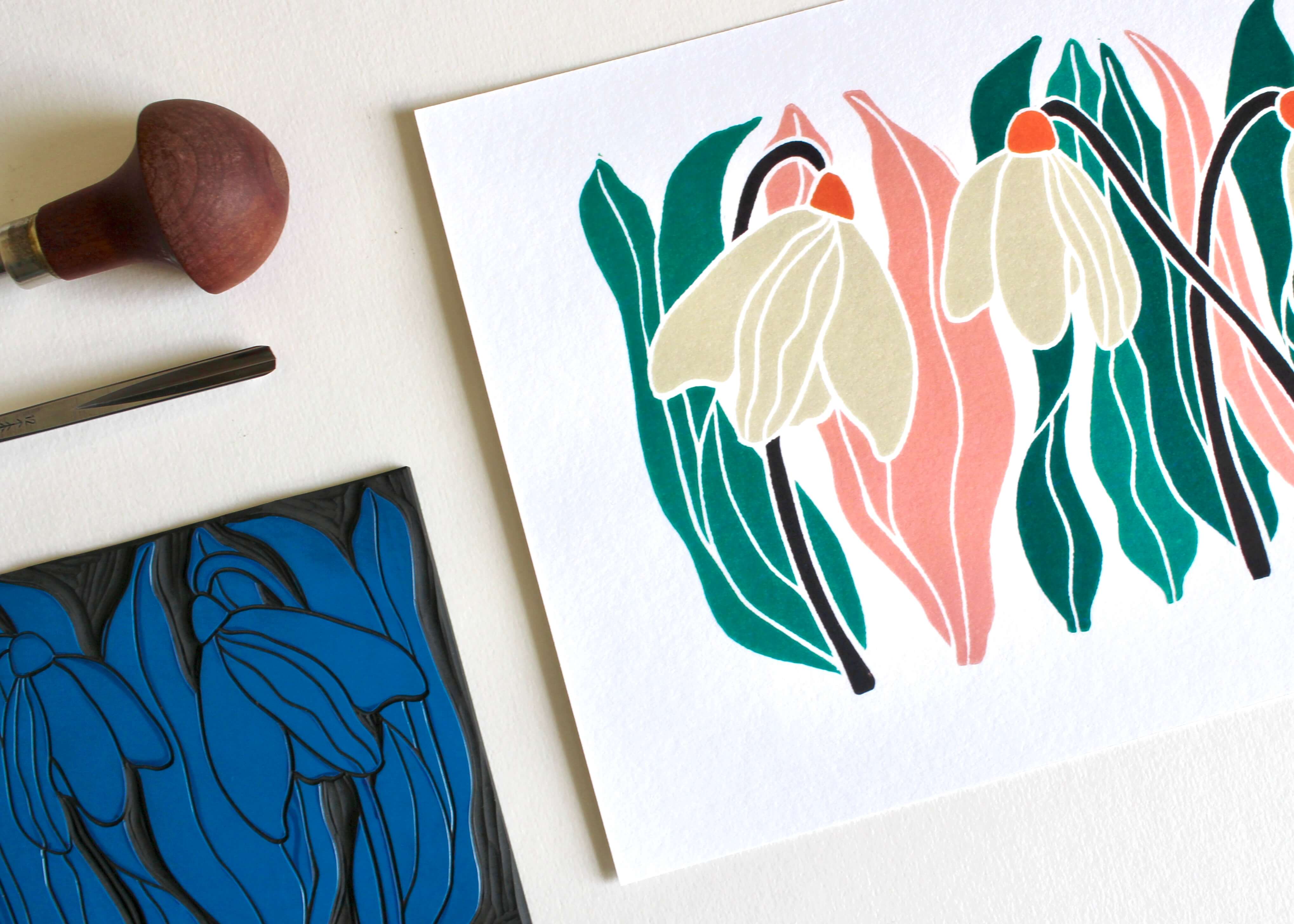 Snowdrops Linocut Art Print | A5 or A4 Print on Cotton Paper - Image 2
