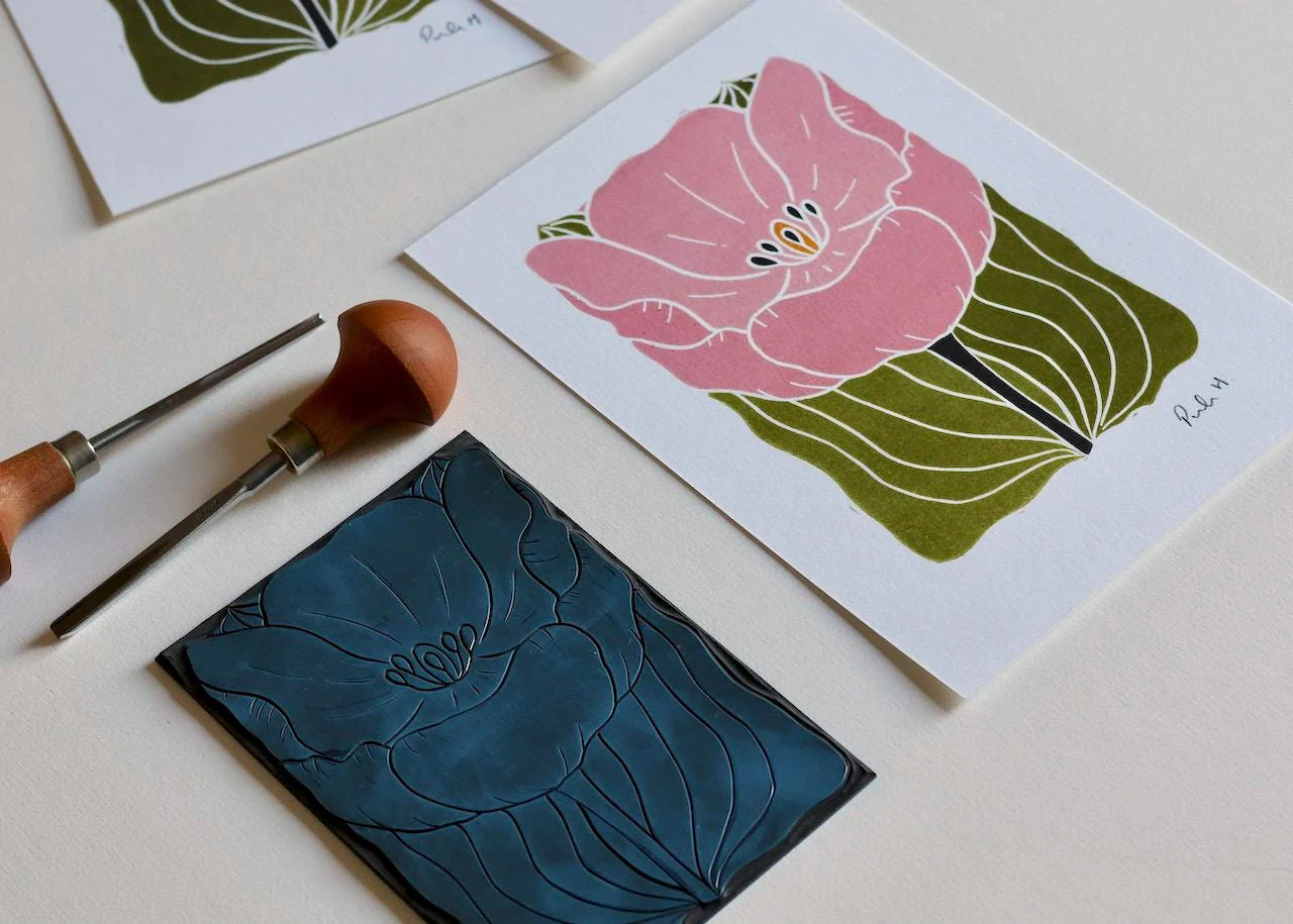 Soft Pink Linocut Tulip Flower Print | A5 or A4 on Cotton Paper - Image 4