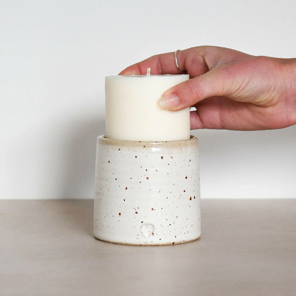 Speckled Clay Candle Pot with Refill - Snowdrop White - Image 5