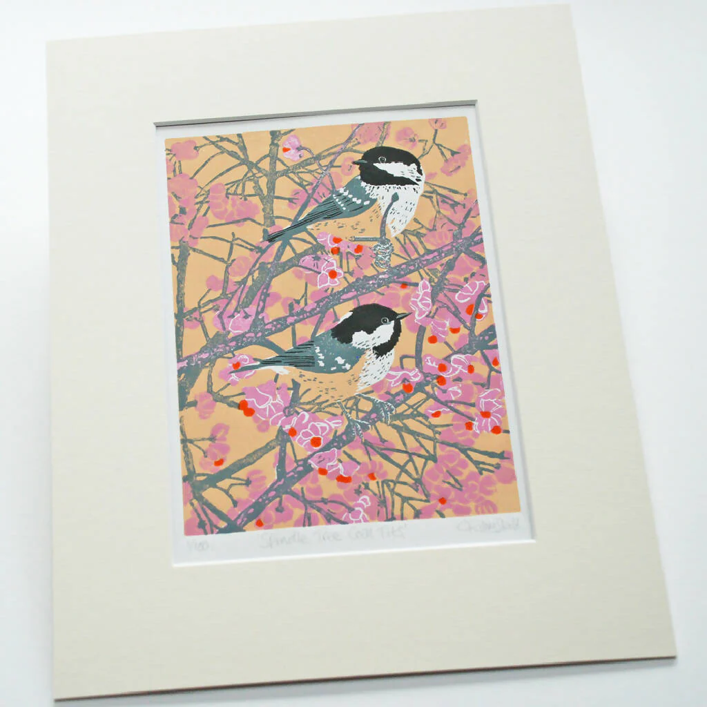 Spindle Tree Coal Tits - Limited Edition - Original Linocut Print - Image 2