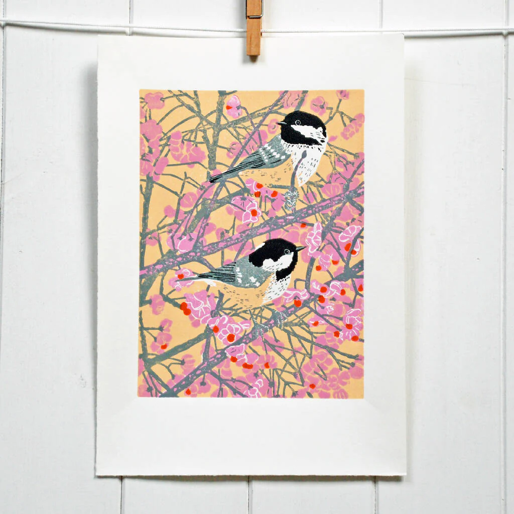 Spindle Tree Coal Tits - Limited Edition - Original Linocut Print - Image 3
