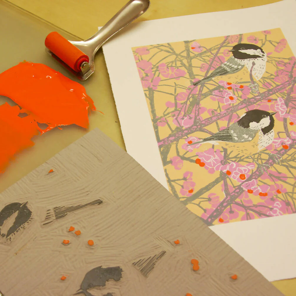Spindle Tree Coal Tits - Limited Edition - Original Linocut Print - Image 5