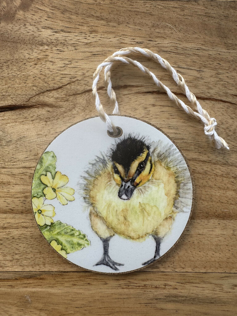 Spring Duckling and Primrose Wooden Hanging Decoration - Image 2