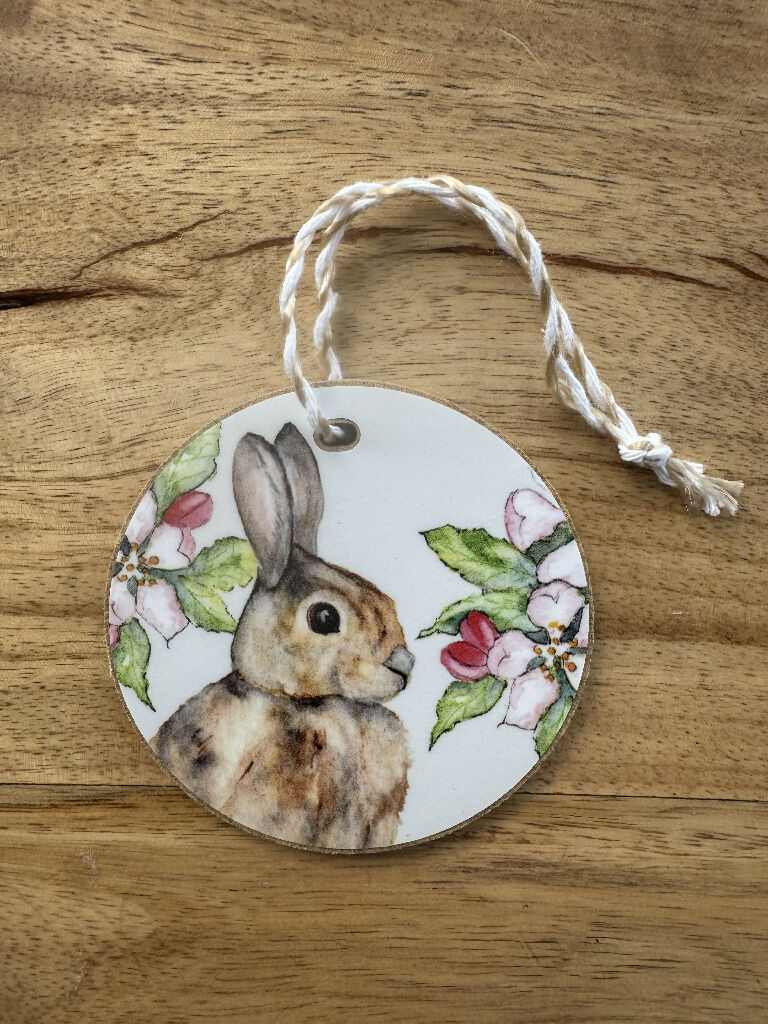Spring Rabbit and Blossom Wooden Hanging Decoration - Image 2