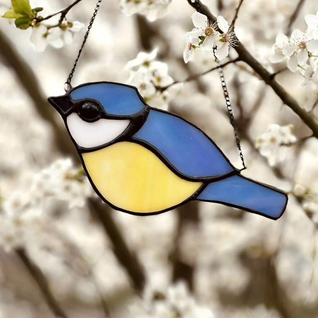 Stained Glass Blue Tit - Blue Glass Bird, gardener gift, vintage glass