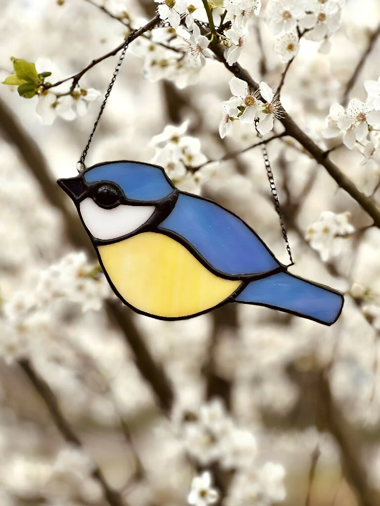 Stained Glass Blue Tit - Blue Glass Bird, gardener gift, vintage glass - Image 2
