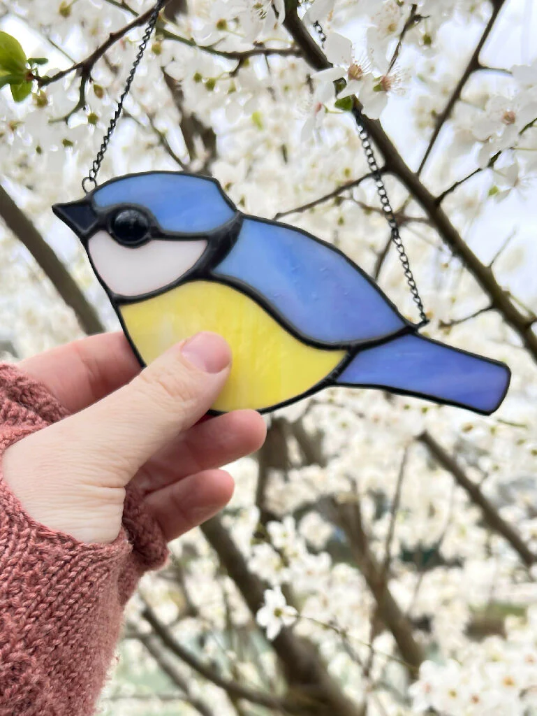 Stained Glass Blue Tit - Blue Glass Bird, gardener gift, vintage glass - Image 3