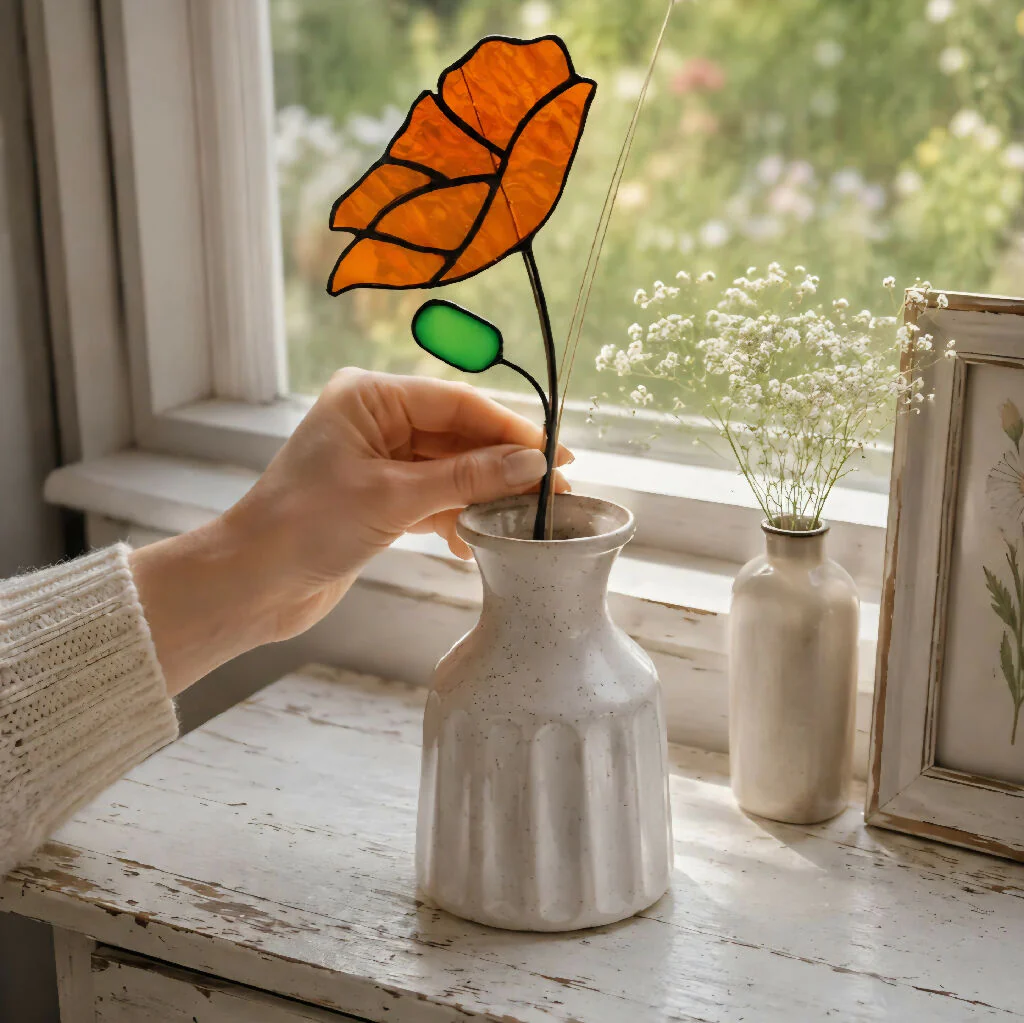 Stained Glass California Poppy Stem – UK Meadow Inspired Floral Art