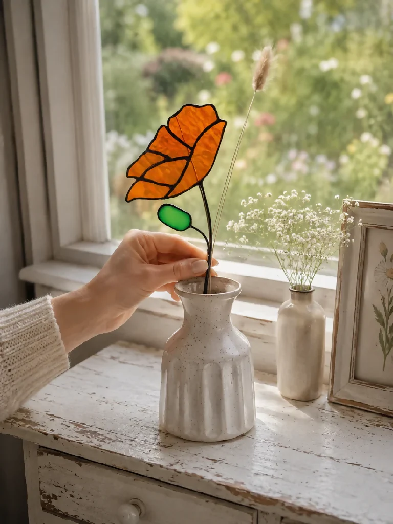 Stained Glass California Poppy Stem – UK Meadow Inspired Floral Art - Image 3