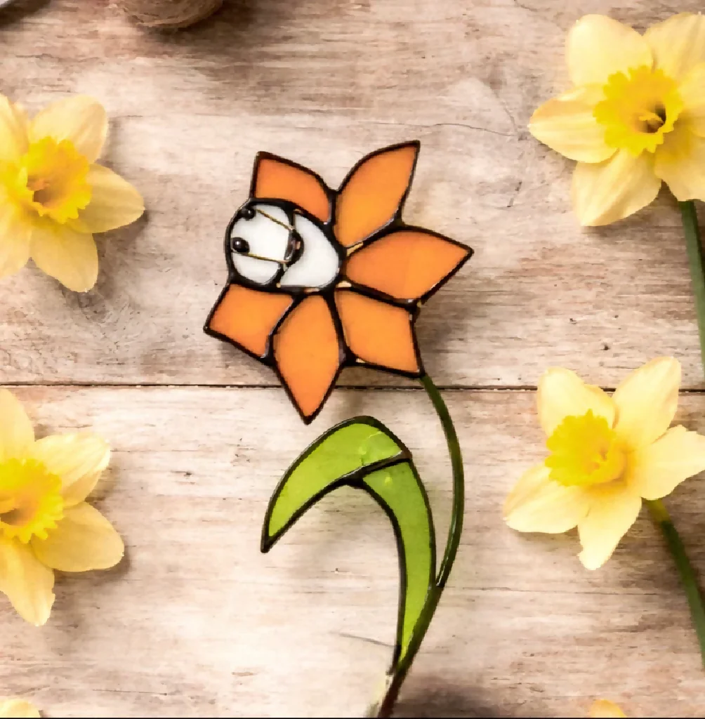 Stained Glass Daffodil Duo – Handmade Tiffany Style Flowers in Reclaimed Wood Base - Image 4