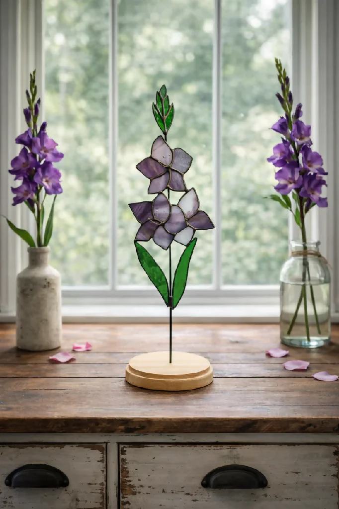 Stained Glass Gladiolus Stem – Tall Summer Bloom in Reclaimed Wooden Base - Image 2