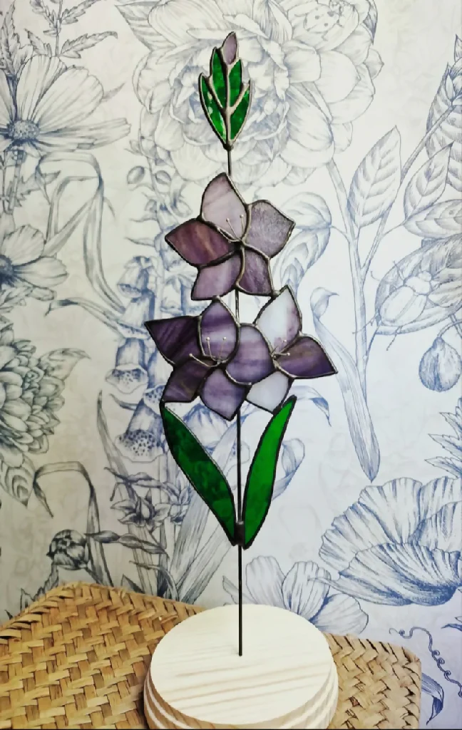 Stained Glass Gladiolus Stem – Tall Summer Bloom in Reclaimed Wooden Base - Image 3