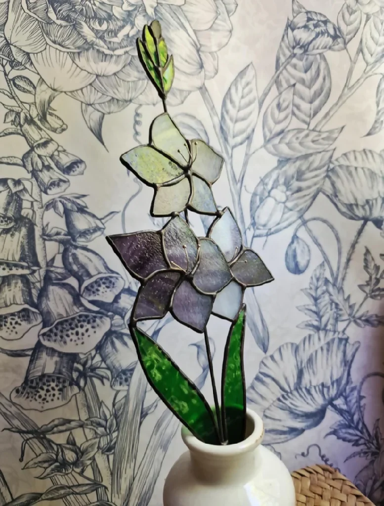 Stained Glass Gladiolus Stem – Tall Summer Bloom in Reclaimed Wooden Base - Image 4