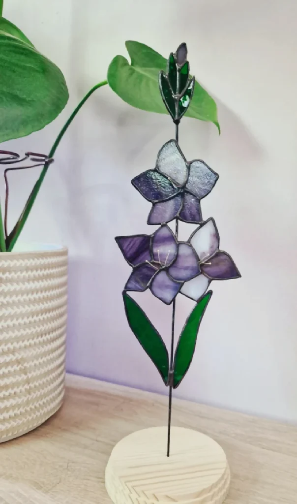 Stained Glass Gladiolus Stem – Tall Summer Bloom in Reclaimed Wooden Base - Image 5