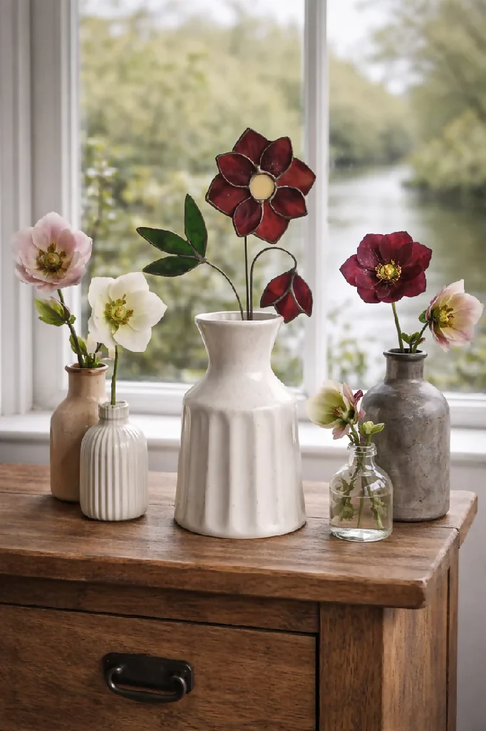 Stained Glass Hellebore – Deep Red Winter Bloom with Fresh Green Foliage - Image 2