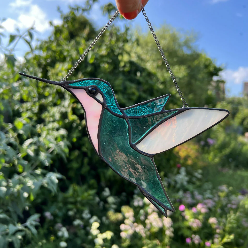 Stained Glass Hummingbird in teal and pink