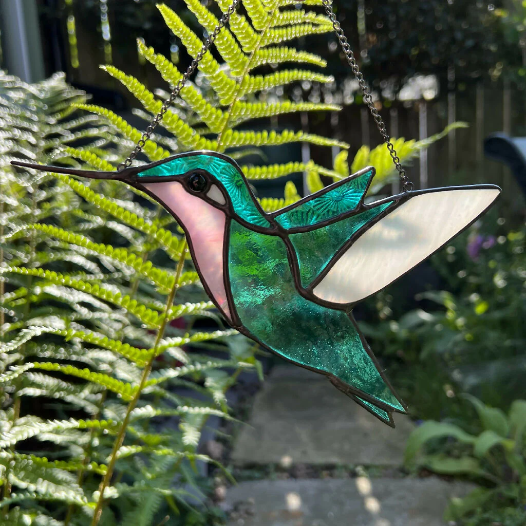 Stained Glass Hummingbird in teal and pink - Image 2