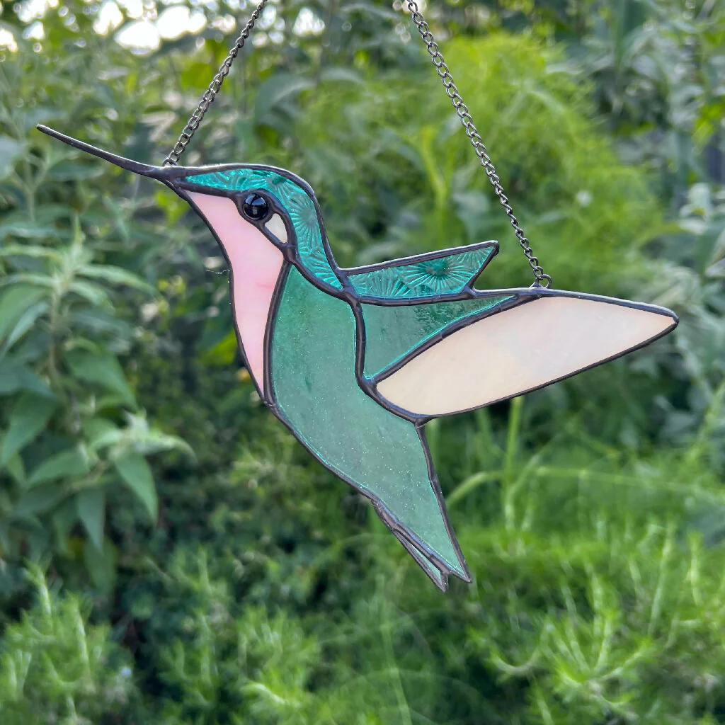 Stained Glass Hummingbird in teal and pink - Image 3