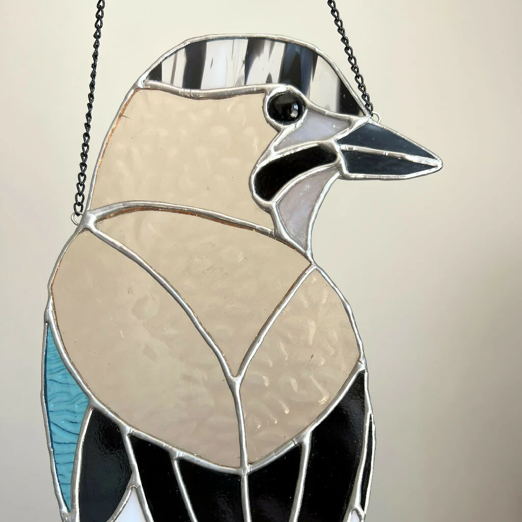 Stained Glass Jay - glass bird suncatcher, blush and blue