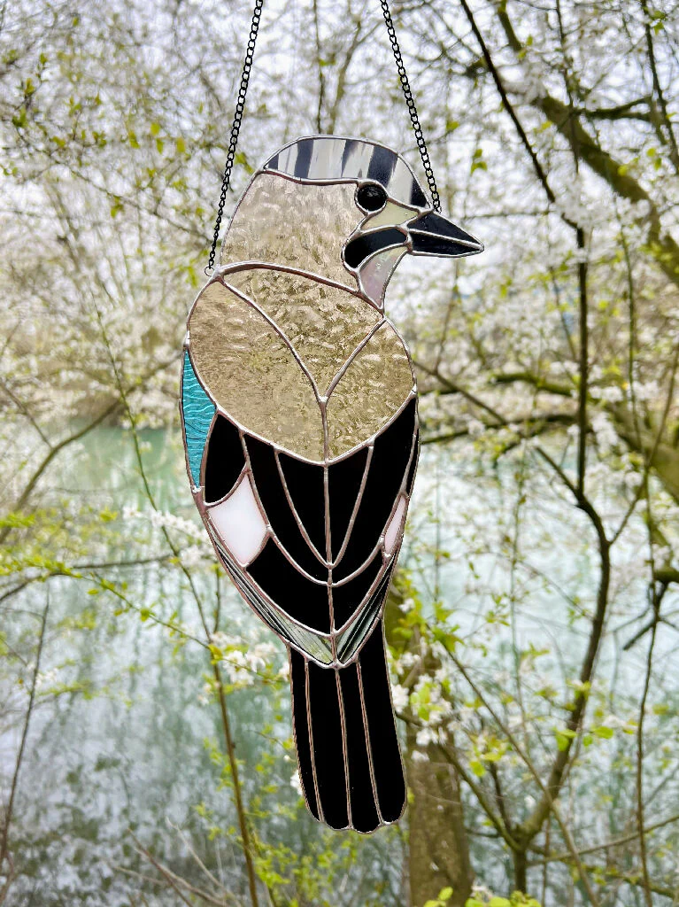 Stained Glass Jay - glass bird suncatcher, blush and blue - Image 2