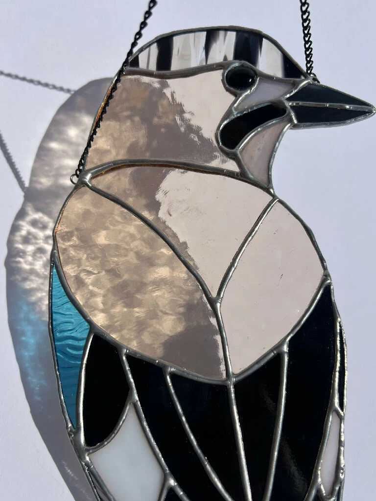 Stained Glass Jay - glass bird suncatcher, blush and blue - Image 3