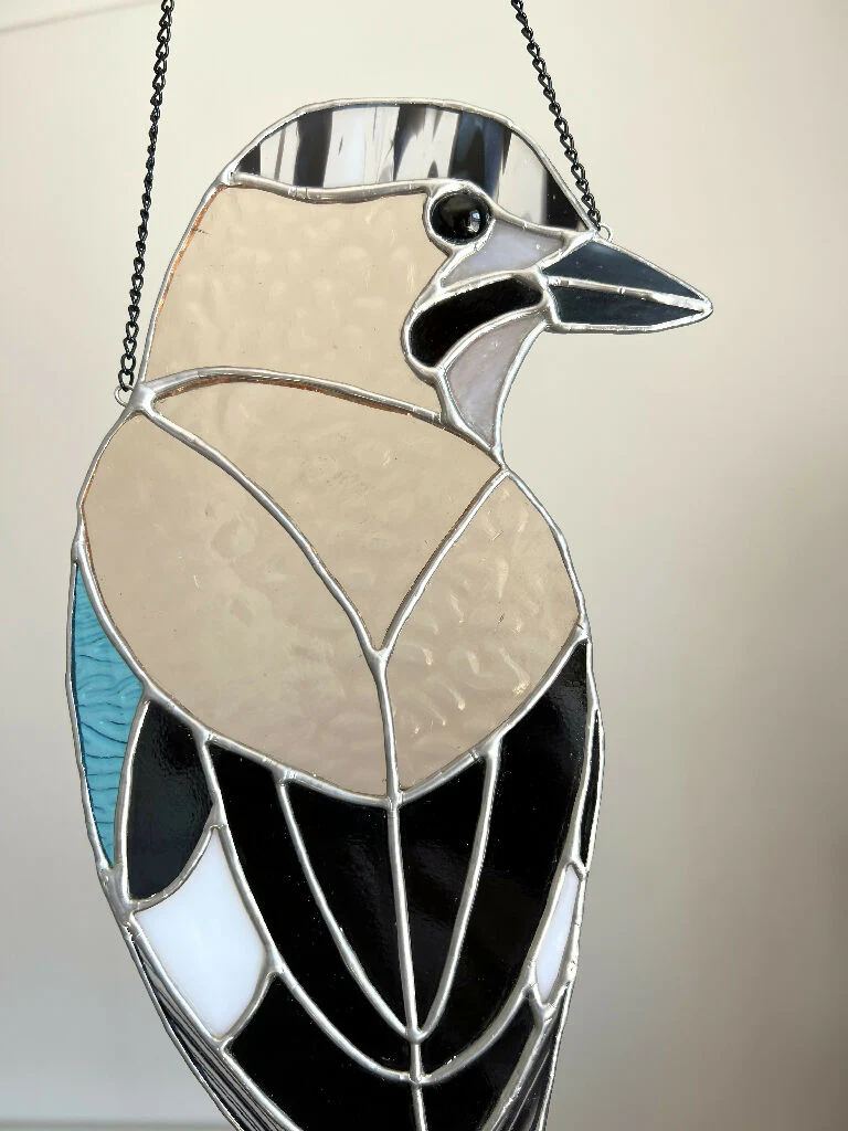 Stained Glass Jay - glass bird suncatcher, blush and blue - Image 4