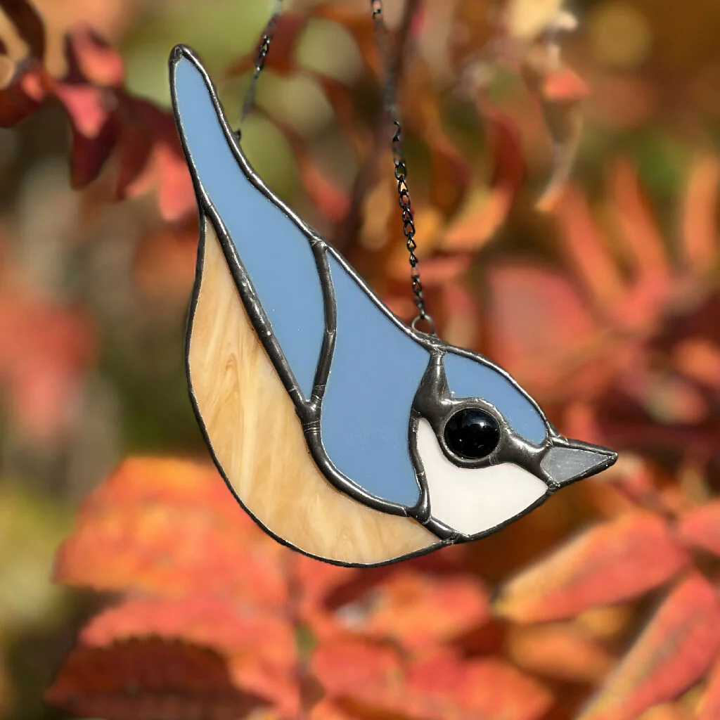 Stained Glass Nuthatch - blue glass bird, dad gift