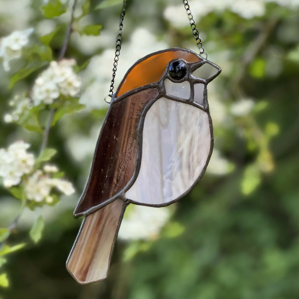 Stained Glass Sparrow - popular gift for him, neutral earthy tones, gardener decoration