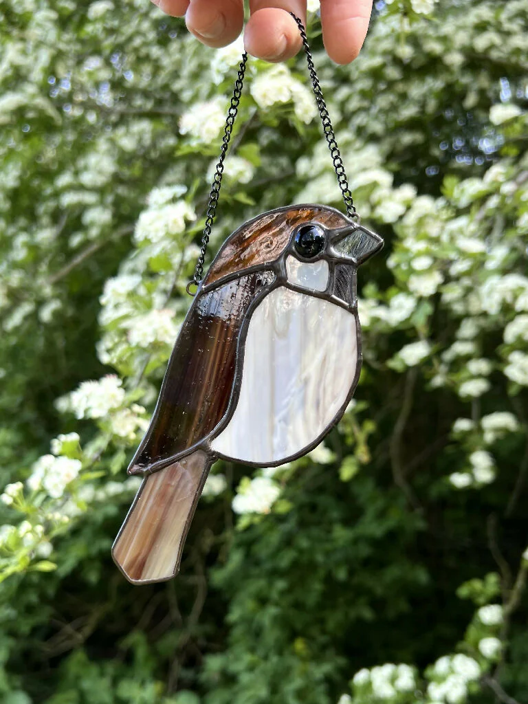 Stained Glass Sparrow - popular gift for him, neutral earthy tones, gardener decoration - Image 2