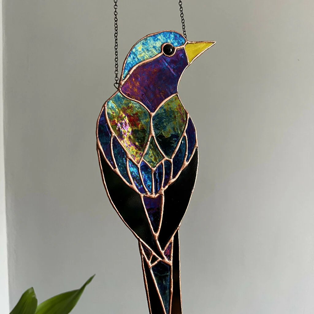 Stained Glass Starling Wall Hanging in iridescent black glass and aged copper patina