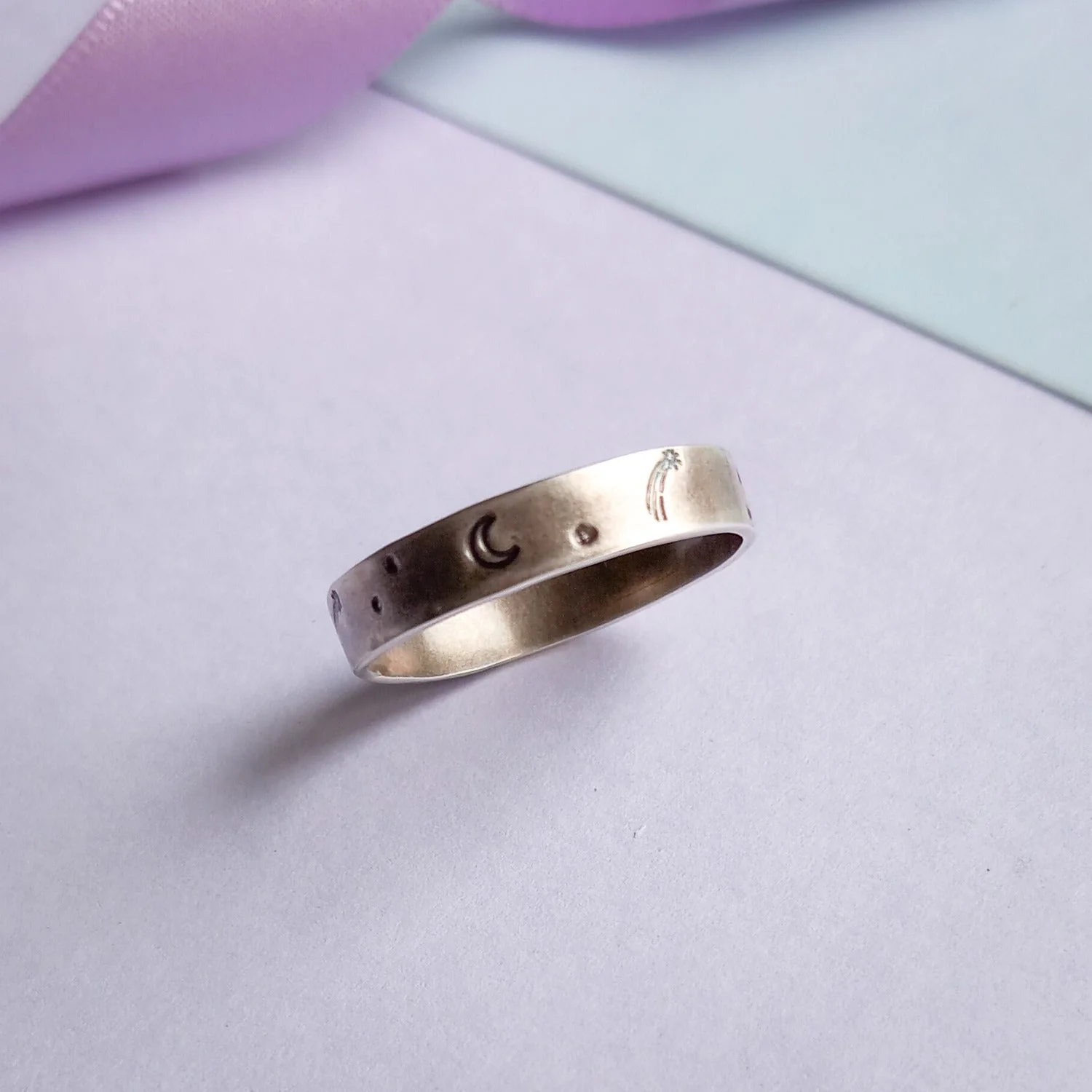 Stargazer - Sterling Silver Celestial Ring with Moon & Stars on 4mm Band - Image 2